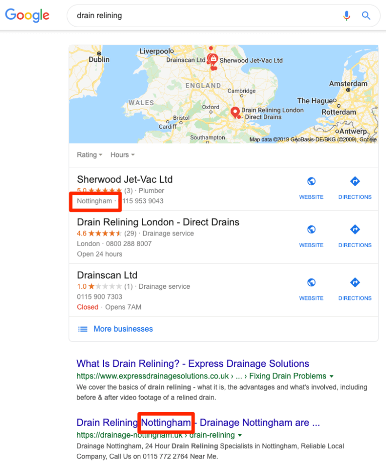Kết quả tìm kiếm dịch vụ thoát nước trên Google tại Nottingham