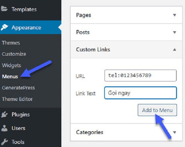 Thêm nút gọi bằng menu WordPress
